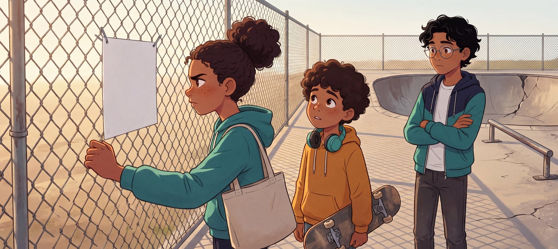 Maya, Jonah and Omar at the chain-link fence of the skate park, reading a notice about its closing.