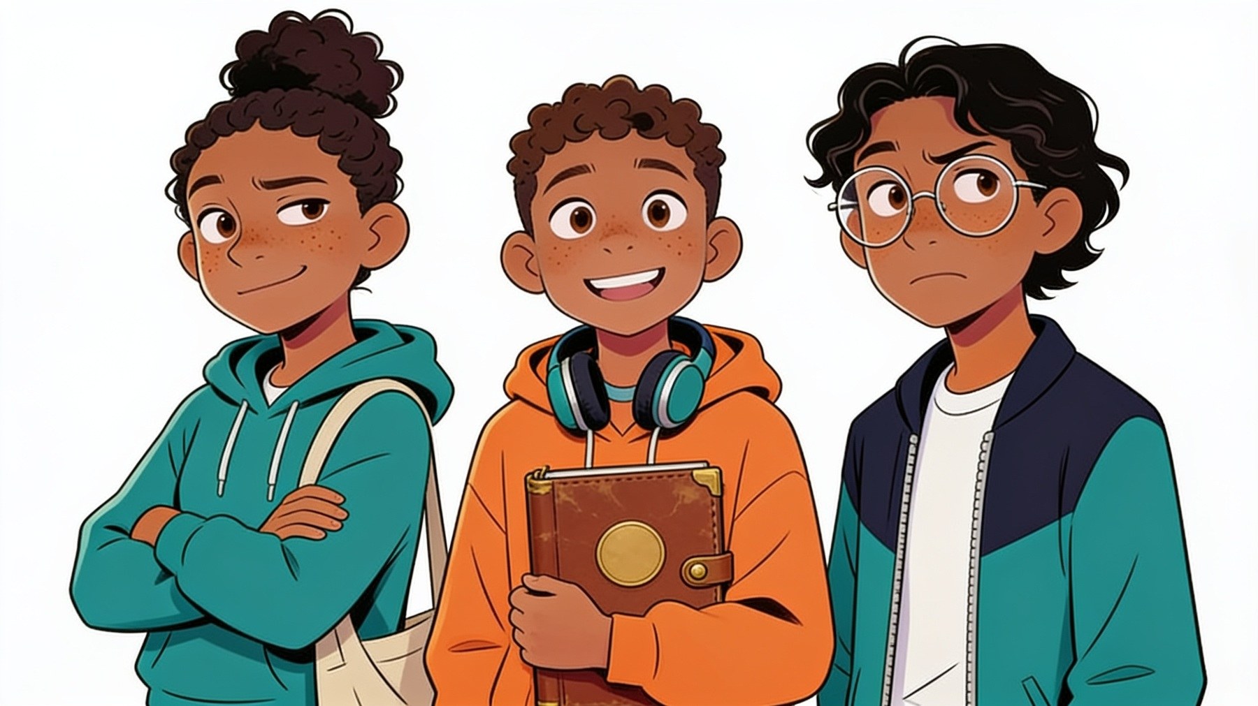 Maya, Jonah and Omar standing together; Jonah holds the leather notebook