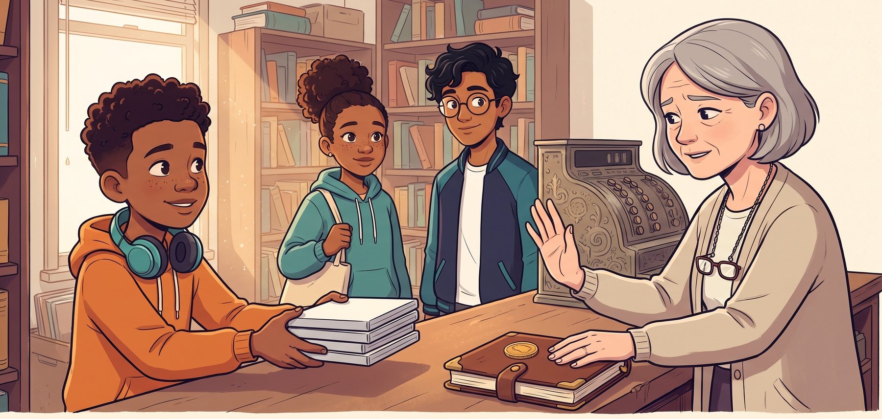 The three friends at the counter of a secondhand bookshop where they find the notebook.