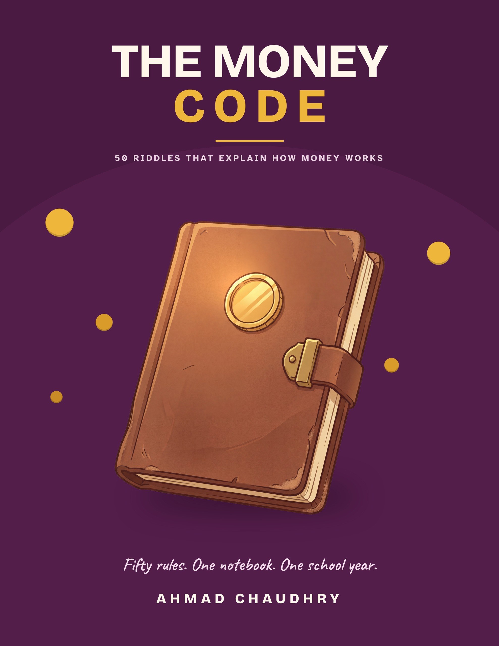The Money Code book cover: a worn leather notebook with a gold coin on a purple background.